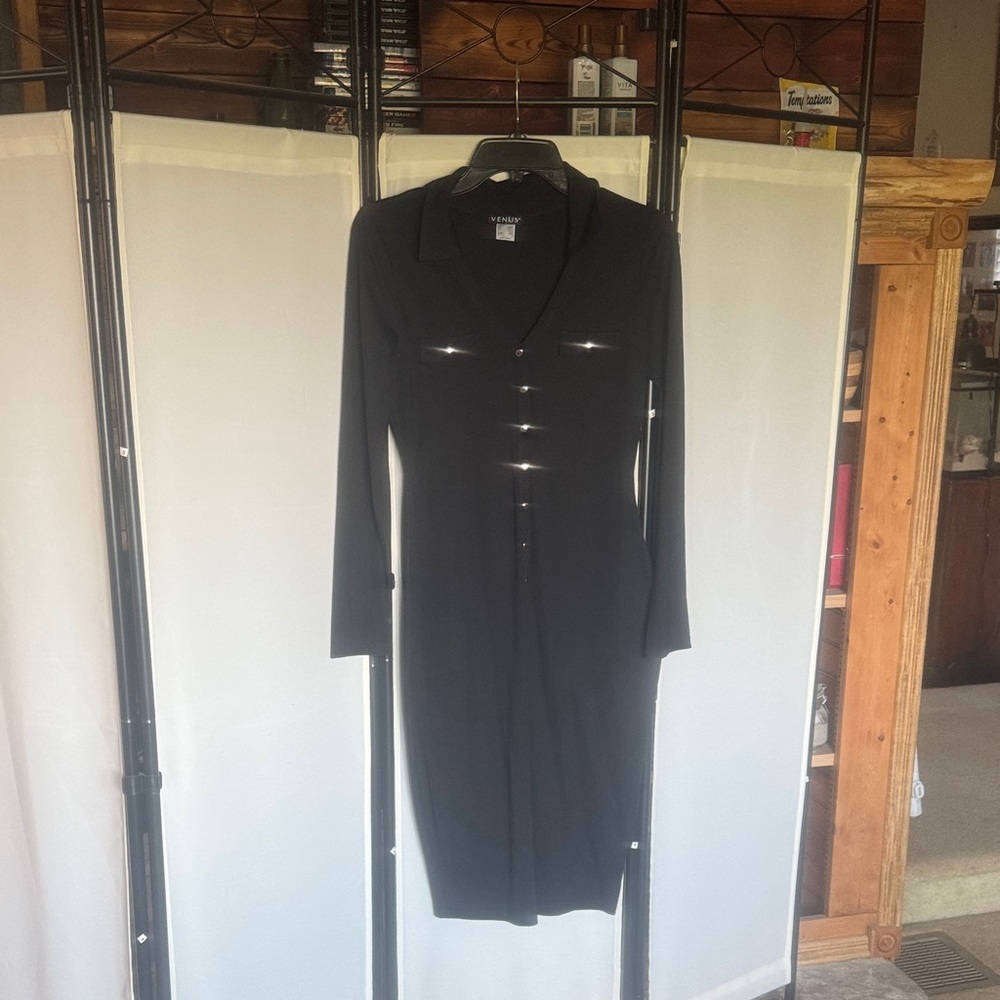 VENUS Black Long Sleeve Dress with Button Detail